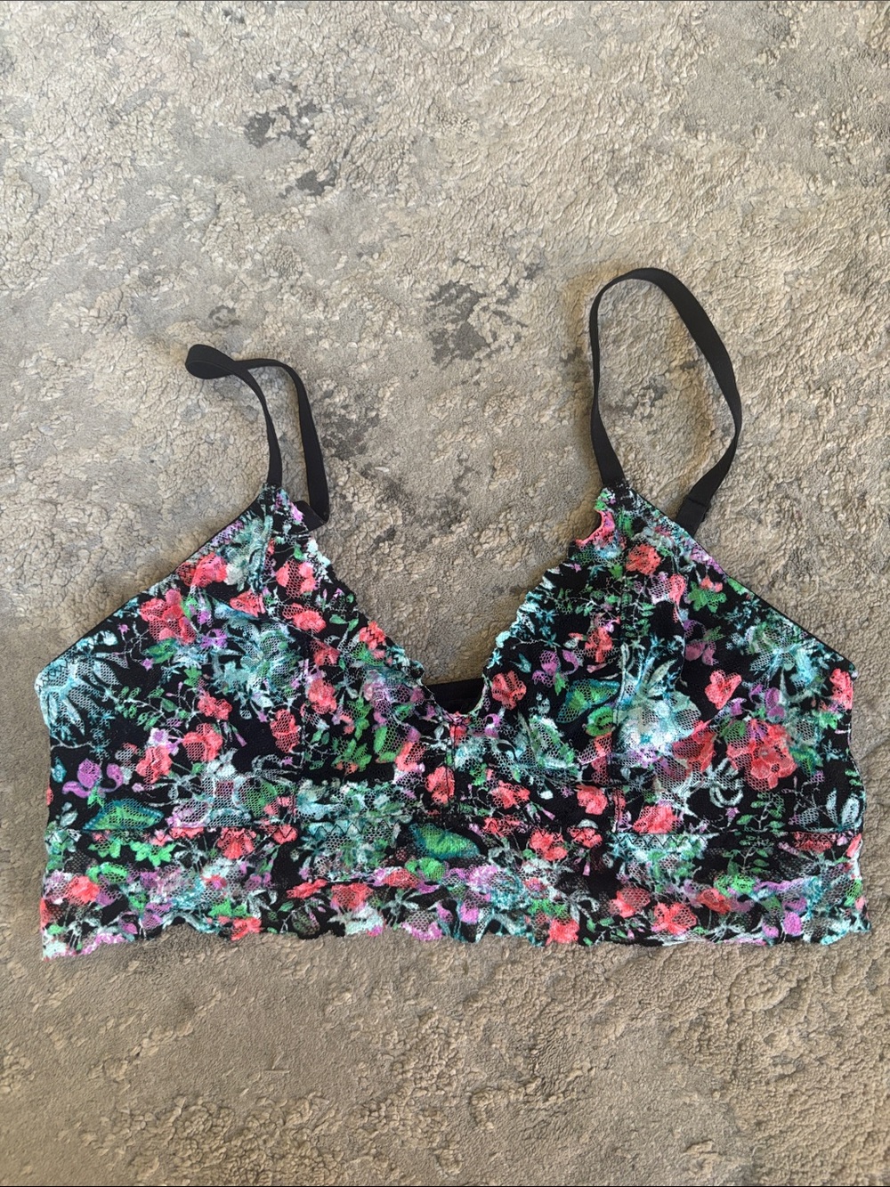 Victoria's Secret Black Floral Lace Bralette with Multicolor Flowers